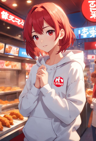 1 girl, Kentucky Fried Chicken (KFC) theme, Kentucky Fried Chicken (KFC) style, restaurant, red hair, white hoodie