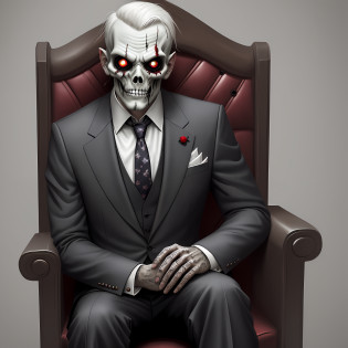 There's a man in a suit and tie with a zombie face, a white-eyed zombie, a portrait of a zombie, undead. Highly detailed, zombie in horror concept art, portrait of a necromancer, evil zombie, facial features of the undead, undead, cyborg zombie, skeleton in a suit, portrait of the necromancer, dark but detailed digital art, and sitting in a horror chair.