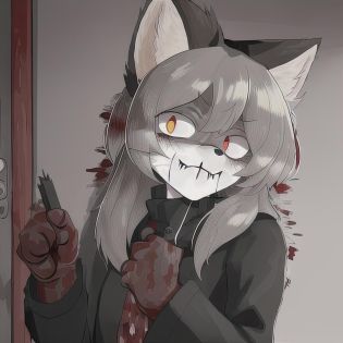 <lora:Averiv0.3:0.8>, averi, forgirl, fox, female (fluffy chest, fluff, very fluffy, anthro, black jacket, non-fur jacket), indoors room, indoors, analog horror, bloody eyes, bloody face, blood, bloody room, unpleasant atmosphere, crazy face, knifes, sharp object, knife in hand, bloody knife, horror, blood on the fur, killer face, crazy, (heads on the walls, non-identifiable, corrupted, deformed), bloody head, lots of blood, nerve tickling, crazy bitch, looking at viewer, killing sight, eye contact, crazy eyes, corruption, unnerving feeling, better run, something wrong, color defficient, beating heart effect, corruption effects, satanic markings, realistic, high quality, unnerving, unpleasant, blood on jacket, blood on clothes, bloody scars, scars, crazy smile, exposed organs, organs, knife fingers, dangerous, bloodbath, nowhere to run, cornered, dark place, no help
