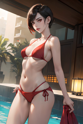 2 mujeres, obra maestra, mejor calidad, (resident evil \), (ada wong\), boobs, resident evil 3, bit.
 Soleado, piscina, medio dia luz, ada wong, cuerpo completo, cuerpo perfecto, 180 libras vestido rojo vino, pierna abierta sexy bikini, small bikini, pierna derecha arriba, bikini amarillo