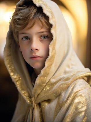 a close up of a young boy wearing a robe and a hood, wearing a hooded cloak, wearing a luxurious cloak, wearing gilded robes, gold and white cloak, a stunning young ethereal figure, portrait of a young elf wizard, wearing a luxurious silk cloak, robed, dressed in cloak, inspired by Frederick Lord Leighton, young blonde boy fantasy thief