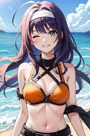 <lora:mia-10:0.8>, mia fe, 1girl, solo, looking at viewer, beach background, smile, upper body, detailed face, orange bikini, one eye closed, facing viewer, midriff