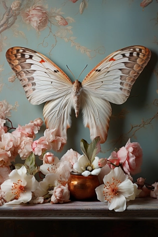 Polyphemus moth, open wings with baroque wing details, sharp details, raspberry and sage, carravagio, dreamy, hauntingly beautiful, minimalism, opening white tulips, liquid smoke fractals, plaster background with wainscoting panels, Loretta Lux, decadent decay --c 50 --ar 2:3 --v 5. 2 --style raw --s 400