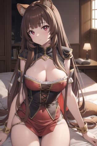 raphtalia, <lora:raphtaliatest:1>,
raphtalia, animal ears, brown hair, long hair, raccoon ears, raccoon girl, raccoon tail, (red eyes:1.5), tail,
BREAK lingerie,
BREAK looking at viewer,
BREAK indoors, bed,
BREAK <lora:GoodHands-vanilla:1>, (masterpiece:1.2), best quality, high resolution, unity 8k wallpaper, (illustration:0.8), (beautiful detailed eyes:1.6), extremely detailed face, perfect lighting, extremely detailed CG, (perfect hands, perfect anatomy),