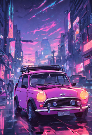 a mini Cooper identical to the real one in front of the sunset, Estilo Vaporwave, Estilo neon, linhas suaves, Arte do adesivo vetorial, vector kernel, detalhes intrincados, black and white strokes, estilo vetor, 8k