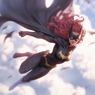 batgirl floating in the sky, floating, Hyper-realistic pop, comiccore, cinematic, --niji