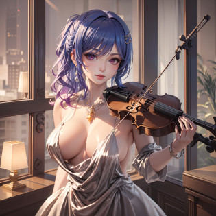 Arad woman in dress playing violin in front of the window, (fantasy violin), fantasy violin, Anime girl cosplay, elegant glamourous cosplay, seductive anime girls, violin, in the style artgerm, glamourous cosplay, in the style of artgerm, cosplay, Anime cosplay, beautiful and seductive anime woman, Style Artgerm, Ayaka cosplay?huge tit?Young beautiful girl?blush?Realistic1.2