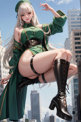 (masterpiece:1.2, best quality), (real picture, intricate details), 1lady, solo, entire body, showing legs, showing shoes, long hair, minimal makeup, natural fabrics, close-up face, smirk, mischievous face, giantess, giantess lady, huge tall lady, stomping city, stomping, shoes, shoes on tiny city, long light platinum blonde hair, bangs, Korean bangs, bangs on forehead, green eyes, big breasts, bis tits, mature body, mature face, detailed face, wearing shoes, wearing boots, sexy, giantess, showing city, outside the city view, clouds, tiny buildings, giantess woman