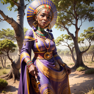 The beautiful, elderly African woman stands tall, her regal presence commanding attention as she holds an ibiri, a traditional African instrument, in her hands. Her vibrant purple African garment flows around her, the intricate patterns and colors reflecting the rich cultural heritage of her people.

The sun sets behind her, casting a warm glow over the African savanna and illuminating the golden grasses and trees that surround her. Her serene expression is a testament to the peace and joy that music brings, and the ibiri in her hands is a symbol of the deep connection between music and spirituality in African culture.

The woman�s hands are perfectly rendered, their curves and contours a work of art in their own right. Despite their aged appearance, they are strong and capable, a testament to the resilience and power of the human spirit.

As she stands there, surrounded by the beauty of the African savanna, the woman exudes a sense of calm and contentment. Her presence is a reminder of the beauty and majesty of African culture, and the enduring power of music to uplift and inspire the soul.

This photorealistic portrait of an elderly African woman in ancient purple African costumes holding an ibiri is a powerful celebration of the joy and spirituality that music brings to African culture. It is a beautiful and inspiring depiction of the beauty and richness of African traditions. --auto --s2
