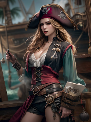 (masutepiece, Fascinating depiction of sensual pirates dressed as seductive pirates:1.3), (Captivating depictions that exude the perfect blend of glamour and adventure:1.2), (Meticulously crafted to highlight the captivating charm of the characters:1.2), (A seductive pirate in a charming pirate outfit that highlights her figure:1.1), (Balance classic pirate elements with a modern touch of sensuality:1.1), (Her confident and bold expression is?Adding to her enigmatic charm:1.1), (Attention was paid to the details of the outfit, From low neck to complex accessories:1.1), (Background that captures the essence of the pirate world, With treasures and tips of adventure:1.1), (While embracing sensuality?Depictions that evoke a sense of intrigue and adventure:1.1), (The fusion of attractive aesthetics and the spirit of piracy is?Create visually captivating compositions:1.1), (Images that inspire viewers to imagine the story and escapades of this captivating pirate character:1.1), (Artwork that celebrates both fantasy and glamour in a vibrant and captivating way:1.1), (An invitation to embrace the charm of the high seas and the intriguing world of sensual pirates:1.1)), Cinematic, ultra-detailliert, Insane details, Beautifully color graded, Unreal Engine, degrees of freedom, Hyper-Resolution, Megapixel, cinematic lightening, Anti-aliasing, FKAA, TXAA, nffsw, SSAO, post processed, Post Production, Tone Mapping, .CGI, VFX, tokusatsu, insanely detailed and intricat, Hyper maximalist, Hyper realistic, Volumetric, Photorealistic, ultra photoreal, Ultra-detailed, Intricate details, super detailed, fulcolor, Volumetric lightning, nffsw, Realistic, Unreal Engine, 16 K, Sharp Focus, Octane Render