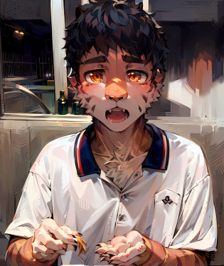 (Dark Environment: 0.8), Masterpiece, High Quality, Abstract Res, Digital Painting\(artwork\), by Dagasi, Yupa, Kiyosan, (Anthro, Fluffy Fur, Character Focus: 1.1), Anthro Male Cat, Short Hair, Portrait , bright eyes, panorama, character focus. (detailed background: 0.7), solo, furry, furry male, male focus, anthr, (full body fur, fluffy tail, tiger fur, brown tiger eyes, gray hair: 1.2), (cute, feline, tiger man, tiger, chubby), (bedroom, tiger stripe, tiger skin, tiger tooth) all over the body with tiger stripe