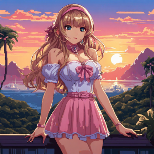ultra-detailed, 1 asia girl, full body, bare shoulders, black ribbon, long bangs, beautiful detailed glow, best shadow, against backlight at dusk, sunset, gyaru, blue eyes, pink eyeshadow, big breasts, high heels,  skirt lift,(dimple:1.5)ultra-detailed, 1 asia girl, full body, bare shoulders, black ribbon, long bangs, beautiful detailed glow, best shadow, against backlight at dusk, sunset, gyaru, blue eyes, pink eyeshadow, big breasts, high heels,  skirt lift,(dimple:1.5) Pixel Art
