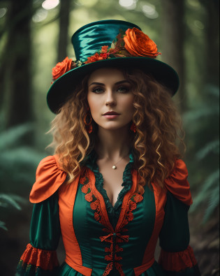 arafed woman in a green and orange dress and hat, female mad hatter, beautiful witch, fairy tale witch, portrait of a young witch, beautiful witch woman, portrait of a witch, classic witch, portrait of a forest wizard, witch in the forest, beautiful witch scary woman, fantasy genre portrait, wearing green top hat, witch woman, fantasy character photo,  (Hair in high definition), (body in high definition)