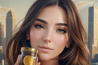 high angle photo of a gorgeous young woman in the style of stefan kostic, realistic skin texture, looks up,black sweatshirt, 1 / 2 body crop, 8 5 mm art lens, f 1. 2, sharp focus, 8 k high definition, insanely detailed, intricate, elegant, art by stanley lau and artgerm, holding a see through jar of gold coins, the jar is in her hand,