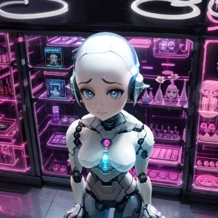 center opening, from above, face focus, nobitches, <lora:NoBitchesMeme:1.2>, android blue Eyes, blue Eyes, white skin, robot, cyborg , drawing, painting on paper, inks, ink pots, shelf((Masterpiece)), (Best Quality), Art, Highly Detailed, Extremely Detailed CG Unity 8k Wallpaper, (Curves: 0.8), (Full Body: 0.6), 3DMM, (Masterpiece, Best Quality) sitting, white sleeveless shirt, no bra, small chest, on the arm,  drawing,cartoonist, studio , white walls, neon pink lights, neon lights, pink lights, wooden shelf, flower pots, plants, decorative plants, window, window, city view, , 12334, Q , perfect eyes,12334,  upper body, <lora:futurediffusion:0.8>