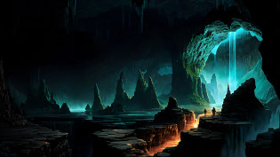 a close up of a cave with a waterfall and a cave in the background, dan mumford. maya render, dan mumford. concept art, background artwork, fractal thunder dan mumford, mythical gigantic space cavern, alien environment, alien landscape, epic fantasy sci fi illustration, sci-fi nether world, epic scifi fantasy art, dan mumford. 8 k octane render