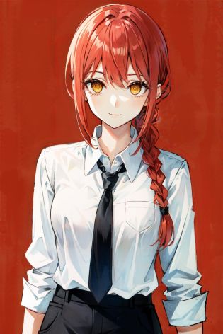 <lora:makima:1>makima\(chainsaw man\), sidelocks, sleeves rolled up, smile, red hair, necktie, solo, formal, looking at viewer, pants, black pants, yellow eyes, 1girl, white shirt, braided ponytail, medium breasts, ringed eyes, shirt, braid, shirt tucked in, simple background, office lady, black necktie, red background, collared shirt