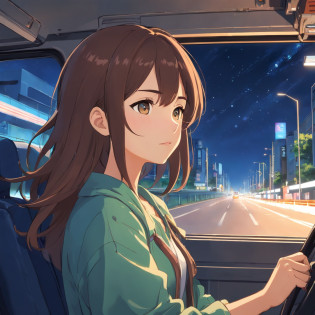 With high-resolution animated illustrations?25 year old woman sits in the driver's seat of a large truck driving on the highway at night?She let her long brown hair flutter in the wind?Holding the steering wheel with a confident expression?The interior of the truck has been faithfully reproduced to the smallest detail.?dashboard?sheets?The control panel, etc. are clearly drawn?Girl gazing at the road?It depicts the confident driving of the truck?Outside the window of the truck?Various vehicles drive on the highway?Stars are shining in the night sky?