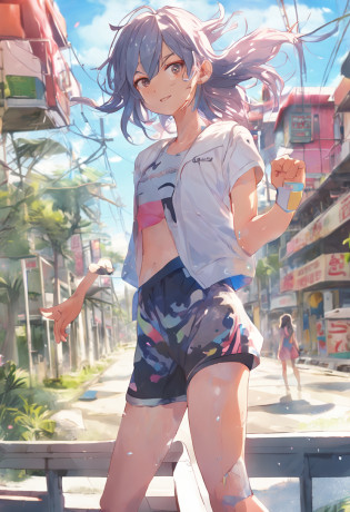 The best anime Japan?Wearing gym clothes?In half pants and short sleeves?Large size?Lustrous eyes and hair?Sunlight Effects?Cute smile? full bodyesbian,Big, sparkly clean eyes,shiny hair,soio,Good looking body,The background is the seaside,Splashes of colorful paint? watercolor paiting, Clothes covered in paint, Covered in paint? High school girl covered in paint all over her body,Realistic paint stains