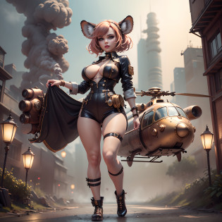 There's a sexzy russuan busty 1woman with friend of tiger,street punk, standing with Steam punk Helicopter,dusky skin, with muscled body,less dress,Royal look, steampunk animals, sexzy full body view top to bottom, standing in backview turning camera, random camera anhle,dark smoke fog background,arte street punk digital, arte street punk de alta qualidade, Wojtek FUS, arte digital street punk, detailed wild street punk illustration, Portrait of a gold and copper mechanical woman, arte street punk, estilo de arte dieselpunk, cyberpunk street punk, estilo de fantasia street punk, Arte digital altamente detalhada em 4k, sci-fi street punk,sexy beautiful face, doe shape eyes, full lips. slim body, breathtaking beauty, vibrant, comprehensive cinematic, 8k, cinematic lighting, best quality, 4k