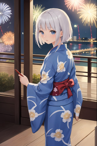 japanese
very cute female child,10 yo, white hair, bangs,medium hair,blue eyes,flat chest, yukata,
veranda,fireworks,from behind,
solo,1girl,
BREAK
(masterpiece, best quality,ultra-detailed:1.1)