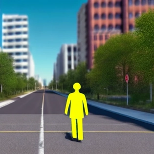 a white adult walks in the middle of the street with construction works behind him, in front of him the big city of ecologica. Hyper realistic. Colorful atmosphere. HD. 4K.