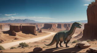 The image features a scene depicting an arid and challenging landscape, onde dinossauros enfrentam dificuldades para sobreviver. This visual representation captures the harshness of the environment and the struggle for life that dinosaurs face on a daily basis.

The landscape is dominated by earthy tones and sand, with barely visible vegetation. Arid and rocky mountains make up the distant horizon, accentuating the vastness and aridity of the terrain.

Some dinosaurs are depicted in the scene, each showing signs of adaptation to adverse conditions. A herbivorous dinosaur is seen leaning over to reach the sparse leaves of a hardy plant. His thinness suggests the struggle for food in the midst of scarcity.

Another carnivorous dinosaur appears crouched, seeking shelter from the scorching sun under a rock formation. His gaze is fixed and attentive, demonstrate the need for constant vigilance in a hostile environment.

The sky above is vast and mercilessly blue, destacando a secura do ambiente. A sense of loneliness and isolation permeates the scene, enfatizando a dura realidade dos dinossauros que lutam para sobreviver.

This image conveys an atmosphere of challenge and perseverance, capturing the essence of dinosaur life in an arid landscape. Evoca um sentimento de empatia por criaturas que enfrentam dificuldades extremas., convidando o espectador a refletir sobre a tenacidade da vida selvagem.