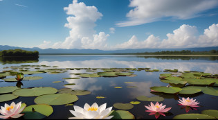 There are many water chestnuts floating on the surface of the lake, lotus flowers on the water, Lotus pond, alpine pond with water lilies, beautiful serene landscape, lotuses, water lilies, waterlily pond, peaceful scenery, water lily mat, with lotus flowers, the lilies. 8 k'', beautiful lake background, peaceful landscape, Lotus,Lots of lotus flowers are beautiful?There are no mountains in the distance