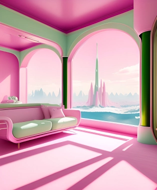 there is a room with a pink wall and a white rug, dreamy aesthetic, in a futuristic desert palace, dreamy ethereal vibe, surreal sci fi set design, surrealism aesthetic, beautiful aesthetic design, a surreal dream landscape, futuristic setting, fantasy aesthetic! , beautiful and aesthetic, googie kitsch aesthetic, beautiful aesthetic, pink landscape, in a surreal dream landscape, fantasy aesthetic