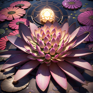 On the wall there is a handful of colorful lotus flowers, lotus flowers, lotus details, lotus colors, lotus flowers, lotus highlight, lotus lights, lotus base color, luminescence, lotus highlight, self-luminous light, lotus flower, self-luminous light, pessimistic, self-illuminating illumination, isometric 8K, huge lotus glowing sun, lotus halo --auto --s2