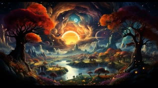 whimsical illustration of historical characters, a charming illustration depicting historical characters and a happy god boy exploring a land steeped in history, they are encircled by magnificent trees, stunning flowers, and a symbolic river of time that meanders through the historical terrain, their faces are full of joy and awe, the image should teem with lively colors and whimsical details that bring the magical world to life,