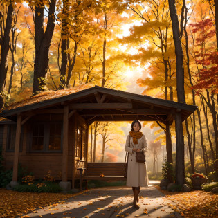 (Best quality,4K,8K,A high resolution,Masterpiece:1.2),Ultra-detailed,(Realistic,Photorealistic,photo-realistic:1.37),Beautiful autumn holidays,Girl in the garden,tranquil ambiance,fall foliage,Cozy atmosphere,warm sunlight,Golden leaves,Fresh air,Rustic wooden bench,Autumn flowers,Cascading vines,Autumn scarf,Soft sweater,Boots step on fallen leaves,A faint hot cocoa flavor,The faint rustle of leaves,Quiet moments,a serene smile,quiet contemplation,Whisper style,Gently swirling leaves,The delicate sun shines through the woods,Blissful leisure,autumn sunlights,Fantastical Atmosphere,A peaceful retreat,Harmony with nature,perfect setting,autumn color palette,amber hues,Subtle oranges and yellows,A touch of red and brown,A peaceful retreat,Serene expression,(Harvest bounty),Abundant nature,Vivid colors,Soft shadows,autumn light
