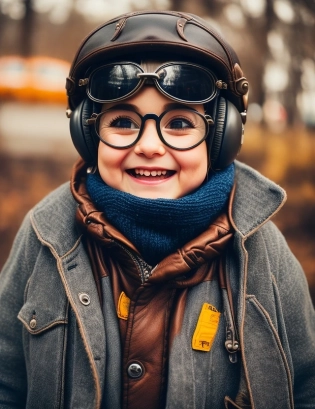 (extremely detailed, a Cute, adorable, small, big head, playful, joyful expression, big eyes, exaggerated features, dynamic pose, flying scarf, wise, experienced, gray hair, wrinkled face, vintage motorcycle, rusty, vintage clothing, leather jacket, aviator goggles, wind in hair, nostalgic, whimsical, anthropomorphic, friendly smile, fun, quirky, lovable, . intricate, cinematic lighting, digital painting, concept art, sharp focus, illustration, art by Akihiko Yoshida exquisite detail, 85mm lens, sharp focus, long exposure time back lighting, award winning photograph, facing camera, looking into camera, perfect contrast, High sharpness, depth of field, ultra-detailed photography, detailed lighting, rim lighting, dramatic lighting,