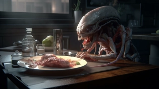 photorealism of an alien eating a steak dinner, photorealistic, hyper realistic, dark lighting volumetric light, unreal engine render, trending on artstation, insanely detailed, hyper detail