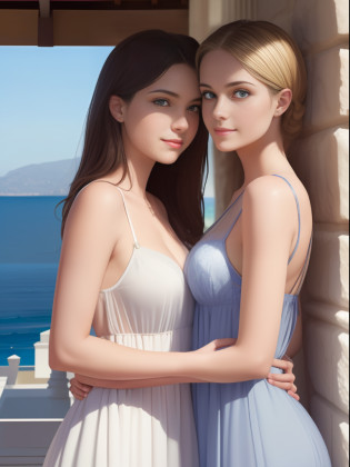 atural light, top quality, masterpiece, illustration, very delicate and beautiful, highly detailed, CG, unity, 8k wallpaper, amazing, detailed, masterpiece, top quality, official art, highly detailed CG Unite 8k wallpaper, silly, incredibly silly, huge file size, super detailed, high resolution, highly detailed, beautiful detailed girls, highly detailed eyes and faces, beautiful detailed eyes, (RAW photos , best quality), (realistic, photorealistic: 1.3), light on face, masterpiece, best quality, full body, (full body shot:1.3), portrait of 2 girls, (russan girls:1.5), (16 years old), (detail face, nose and eyes), (smile:1.2), blonde heir, (waering see-through summer dress with leace trimmed under bra and pantie, summer sandal), (one dress is emeald green, another dress is white), (off-sholder), (they play sexual hanky-lanky:1.5), (looking face each other:1.2),(backgraund Aegean Sea side:1.5 )