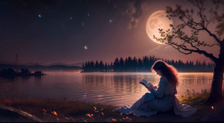 (best quality,4k,8k,highres,masterpiece:1.2),ultra-detailed,(realistic,photorealistic,photo-realistic:1.37),dark,night scene,lonely,warm light,calm,peaceful,night sky,stars,moon,wispy clouds,silhouette,nighttime,serene,tranquil,soft,subtle colors,quiet,meditative,light breeze,serenity,relaxation,woman,curly hair,flowing dress,quiet gaze,contemplative expression,book,sitting alone,under a tree,poetry,dreamy,moonlit garden,whisper of leaves,gentle shadows,introspective ambiance,distant chirping of crickets,stillness,reflective,tranquil beauty,nighttime serenade,nighttime solitude