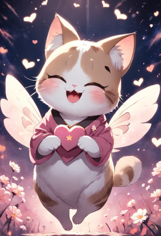 In the shape of a heart?Draw a brown-white bee cat smiling and squinting?cats have a small and round body,?Completely in the heart?The background is pink?Small stars and glitter scattered around the cat?