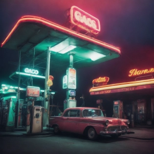 gas station with a few soft neon lights in fog, at night, with one vintage car , <lora:add_detail:1>, <lora:epi_noiseoffset2:0. 7>