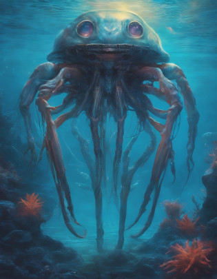 Walk, Hands and feet, Big eyes, Water elves and crab legs?semi transparent?adolable, Walk alone, Light, Blue light,, Ocean, Plants in the water,Rich in color
