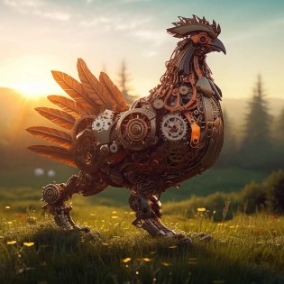 A highly detailed image of a mechanical chicken in a vast field surrounded by lush green grass, with the sun setting in the background casting a warm orange glow over the landscape. The chicken is standing on one leg, with the other raised mid-step, as if it is about to start walking. The mechanical chicken is intricately designed with numerous gears and moving parts visible throughout its body. Its feathers are made of polished metal, reflecting the golden light of the setting sun. The chicken's eyes are made of shining rubies, glowing in the fading light. The field surrounding the chicken is filled with colorful wildflowers and tall grasses swaying in the gentle breeze. The image is captured from a low angle, with the camera tilted slightly upwards, giving the chicken a grand and imposing presence. The image is of the highest quality and detail, with every intricate component of the mechanical chicken clearly visible. Add the parameter "--ar 16:9" to ensure the image has the desired aspect ratio.
