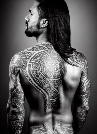 Tahitian full body tatooed warrior with long hairs, Black and white photo, [full view], high contrast, high details, by St�phane de Bourgies, studio quality, dramatic lighting, 8 k, hi res