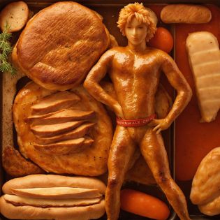 (naked amazing body, man:0.6),(made of baked meat:1.4),(texture of bread:1.3),detailed texture,sharp,meat hair (made of chicken roast meat:1.4),(baked:1.4),(a ladybug:0.9),<lora:chatnoir:0.9>, costume, muted colors,