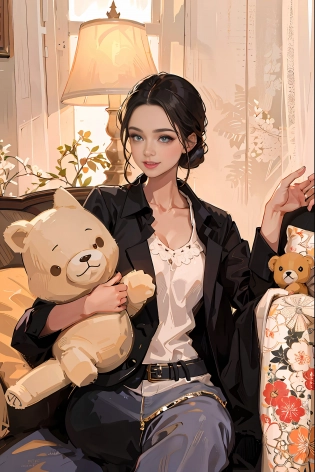 There is a woman sitting on the sofa hugging a teddy bear, looking at the camera, smiling without missing a tooth, finger details, correct limbs, correct fingers, beautiful, masterpiece, best quality, ((beautiful eyes)), ((Delicate face)), (master piece: 1. 3), (ultra detailed: 1. 1), Meticulous eyes , Highly detailed skin, radiant and glowing skin: 1. 1), ((looking at viewer)), intricate details, ((5fingers, detailed hand , 1. 5)), Asian, professional lighting (dark lighting, professional lighting, dark lighting, professional lighting (dark lighting) Shadows: 1. 3), (physical rendering, professional lighting, photon mapping, light transmission, soft light, lens flare: 1. 3 ), a beautiful girl with a soft toy,