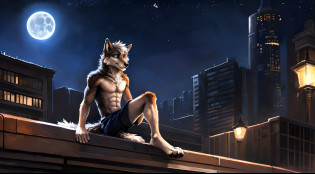 ((Solo)), male people, anthro wolf, (Multi-colored fur, White-brown:1.3), ((Wolf face, White hair, Big eyes, White eyelids, Blue pupil, Slim:1.2) (Tough, Calm expression:1.2)), Abs, Slim, pinging)), (Correct anatomy), (Work shorts:1.1), (Contour bone:1.2), The upper body is naked, (detailed outfits),A big tail?Feet?Long legs?(Realistic fur, Detailed fur texture, labeled:1.3)), (Natural lighting), Photorealistic, Hyperrealistic, ultradetailed, by Kenket?In the modern city?Roof roof?the night?Sit alone?Look at the full moon?It was dark?Starry