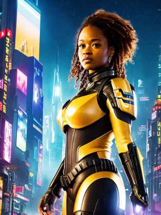 The movie still features the (plus-size:1. 5) black woman with ginger hair in a dynamic pose, standing atop a skyscraper with her arms extended. Her armor is sleek and angular, with neon lights pulsing along the edges. In the background, the towering neon-lit skyscrapers of Neo-Tokyo stretch out into the distance, with flying cars zipping past. As the camera zooms in on the woman, we see that her face is illuminated by a holographic display projected from her helmet. She scans the city below with her advanced sensors, searching for any signs of danger or trouble. The scene is inspired by the cyberpunk aesthetic of movies like Blade Runner, mixed with the high-tech action of Starship Troopers and Dredd, and the imaginative world-building of Pixar and Buzz Lightyear. Directed by Ridley Scott and Ava DuVernay, this movie promises to be a thrilling and visually stunning adventure, featuring a strong and empowered black female protagonist at its core, Photorealistic, Hyperrealistic, Hyperdetailed, analog style, detailed skin, matte skin, soft lighting, subsurface scattering, realistic, heavy shadow, masterpiece, best quality, ultra realistic, 8k, golden ratio, Intricate, High Detail, film photography, soft focus