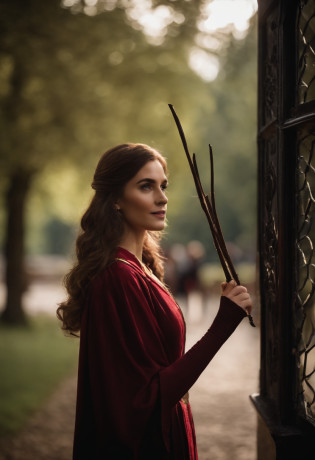 Arad woman in Harry Potter robes holding wands, wearing hogwarts,Robes,wearing black wizard robes, wearing wizard robes, Gryffindor, Magical school student uniform, magic school uniform, magic uniform university, academic clothing, wearing robes and neckties, Wizard robes, hogwarts style, wearing red sorcerer's robes, High quality clothing,medium shot