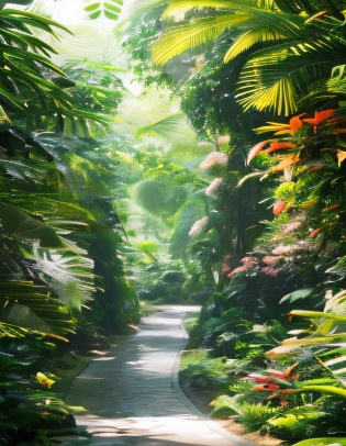 Trails through lush green forests?flowers blooming, beautiful jungle, magical jungle, fantasy jungle, floral environment, blossoming path to heaven, in a tropical forest, lush jungle, in a highly detailed jungle, tropical forest, lush trees and flowers, on a planet of lush foliage, lush surroundings, Lush surroundings, pathway, breath-taking, lush exotic vegetation