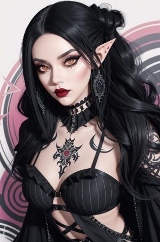 a [goth |barbarous |mysterious] [mature |young] gothic female with [curvy |thick |tone |curvy |thick |muscle] figure wearing [goth clothes | western clothes |intricate clothes |corset |loose sleeves] mix [dress |frill dress |indicate dress |belt |frill |cotton dress |short dress] and [lustful eye |creepy eyes |beautiful eye] red iris mix [lush lips | perky lips] and with white and black hair mix with light blue streaked hair, long hair [ hair over eye |braid | wavy hair] mix [messy hair |curly hair |messy hair] and [pointy ear |elf ears |long ears] and [star print |flower print] on clothes and wearing [make up |scaly | jewelry] , intricate tattoos, ((asymmetrical pose)), make up, blush, chromatic aberration, illustration,