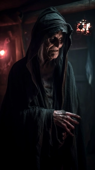 Angry Satanic old hag inside a creepy old hut wearing a dirty black tattered cloak, wrinkled face with red eyes, black magic accessories, demonic, unholy, creepy, horror, dark, intricate design, and details, dramatic lighting, photorealistic, cinematic, 8k --ar 9:16 --v 5