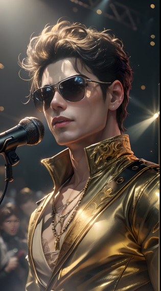 Downward view?Handsome guy's concert?tmasterpiece?8K?high definition resolution?cinmatic lighting?theater?lamplight?perform?cool guy?((microphones:1.5))?Concert?performance?Fashionable clothes?singers?idoly?hyperdetailed face, ((Ultra-detailed)),((Delicate face)),(high light,Gradient hair), GSHea?Look at the viewer, ((Distant view)), Strong light and shadow, Cinema lenses?tmasterpiece?Super quality?theater stage?Handsome guy in leggings sings through microphone on stage,  Wear stage costumes,  singing on stage,Stylish lenses?Handsome guy in gold costume and sunglasses, Handsome guy with shoulder pads,  wearing black uniform, he is a rockstar,  regal pose, Gold accents, Michael Jackson's style, gilded black uniform